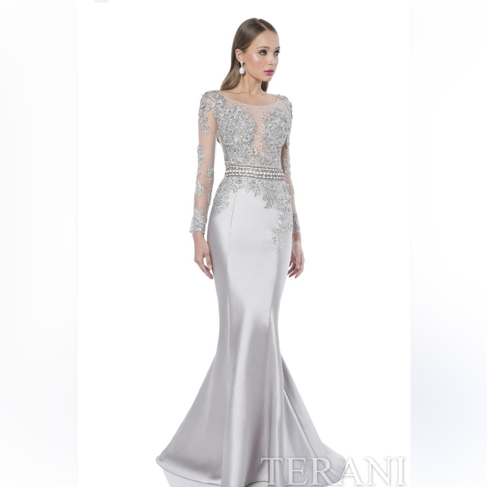 Terani Couture Silver Long Sleeve Gown